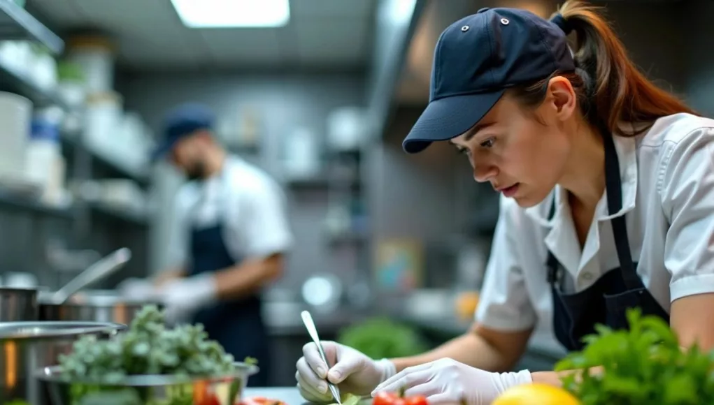 Health inspector checking food safety in a restaurant kitchen.