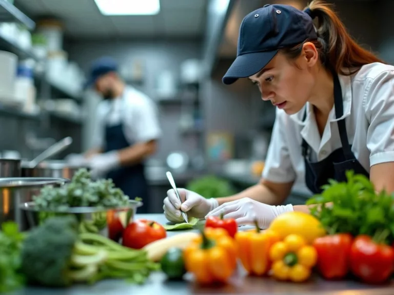 Health inspector checking food safety in a restaurant kitchen.