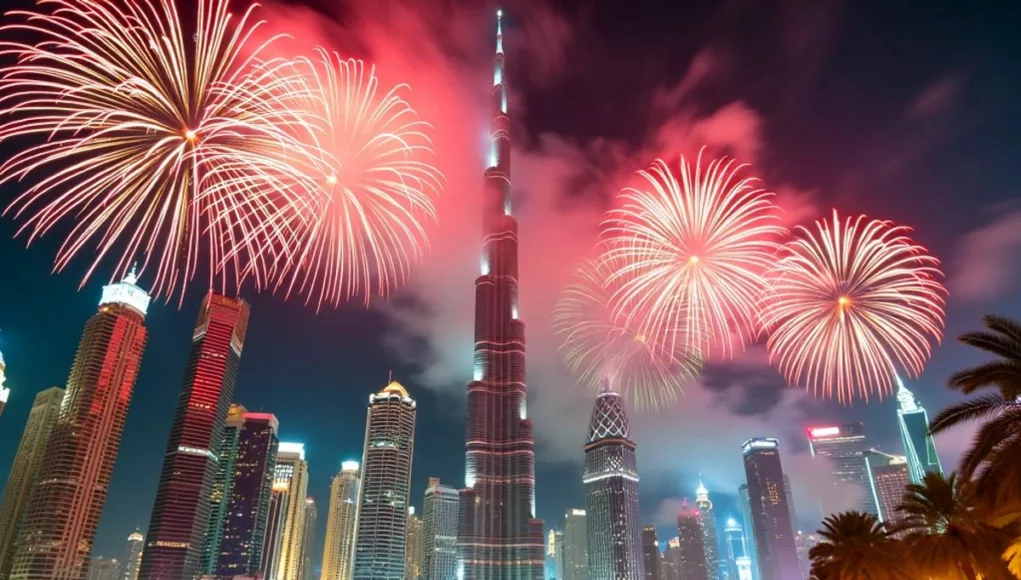 Dubai night with fireworks and festive crowd