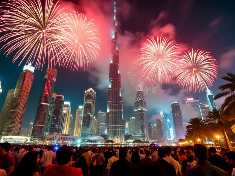 Dubai night with fireworks and festive crowd