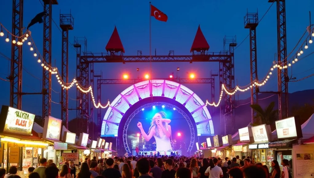 Festival scene with lights, visitors, and attractions.