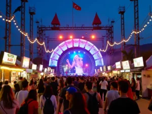 Festival scene with lights, visitors, and attractions.