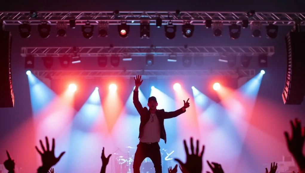 Eminem performing on stage with vibrant lights.