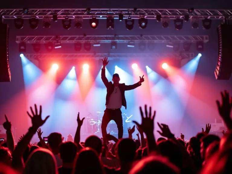 Eminem performing on stage with vibrant lights.