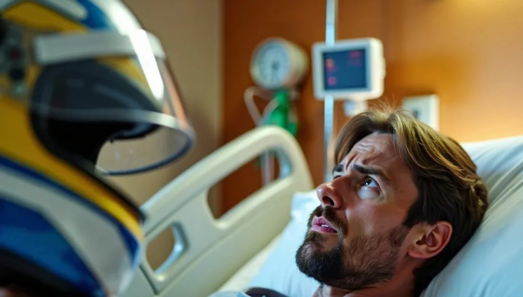 Father in hospital room with racing helmet.