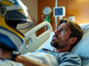 Father in hospital room with racing helmet.