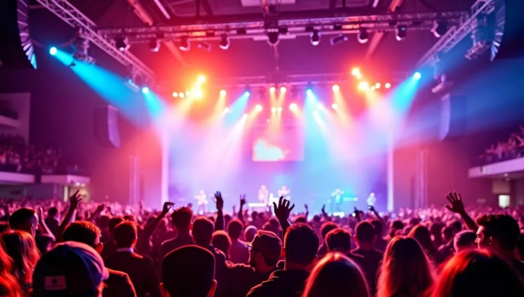 Crowd of fans at a concert with colorful lights.