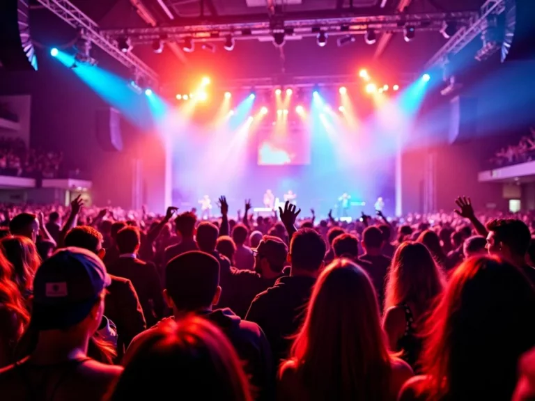 Crowd of fans at a concert with colorful lights.