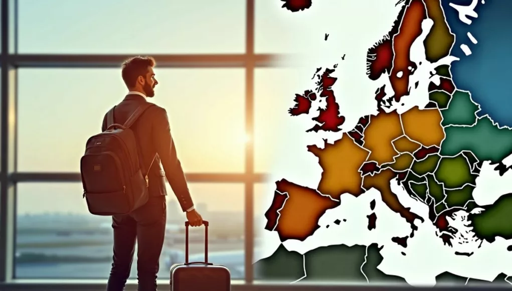 Traveler at airport with European map and clock.