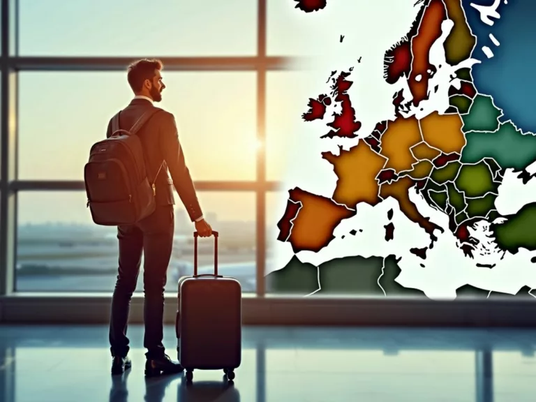 Traveler at airport with European map and clock.