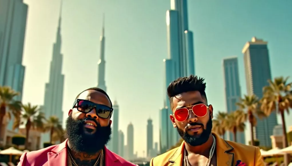 Rick Ross and Guru Randhawa in Dubai, showcasing luxury.