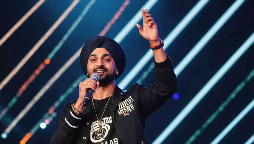 Diljit Dosanjh performing on stage with vibrant lights