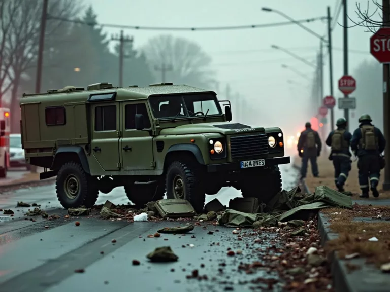 Military accident site with responders and debris present.