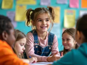 Young girl leading a cyber safety discussion with peers.