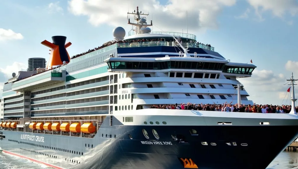 Cruise ship leaving Belfast with excited passengers on deck.