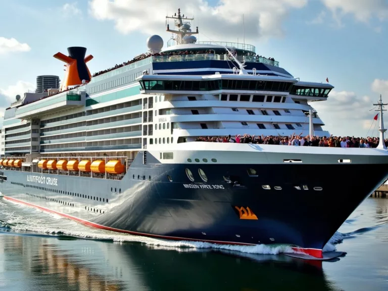 Cruise ship leaving Belfast with excited passengers on deck.