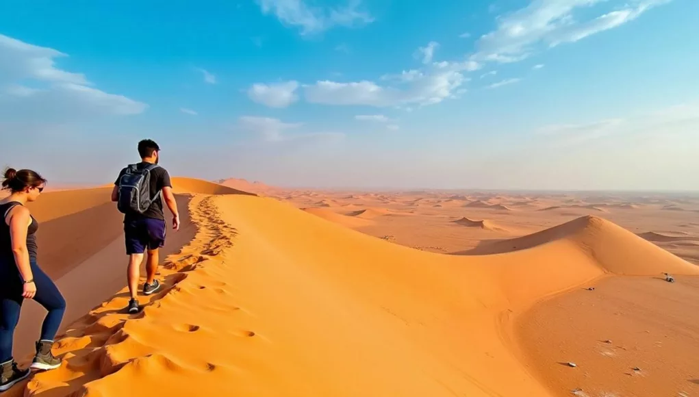 Desert landscape with sand dunes and people outdoors.