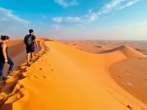 Desert landscape with sand dunes and people outdoors.