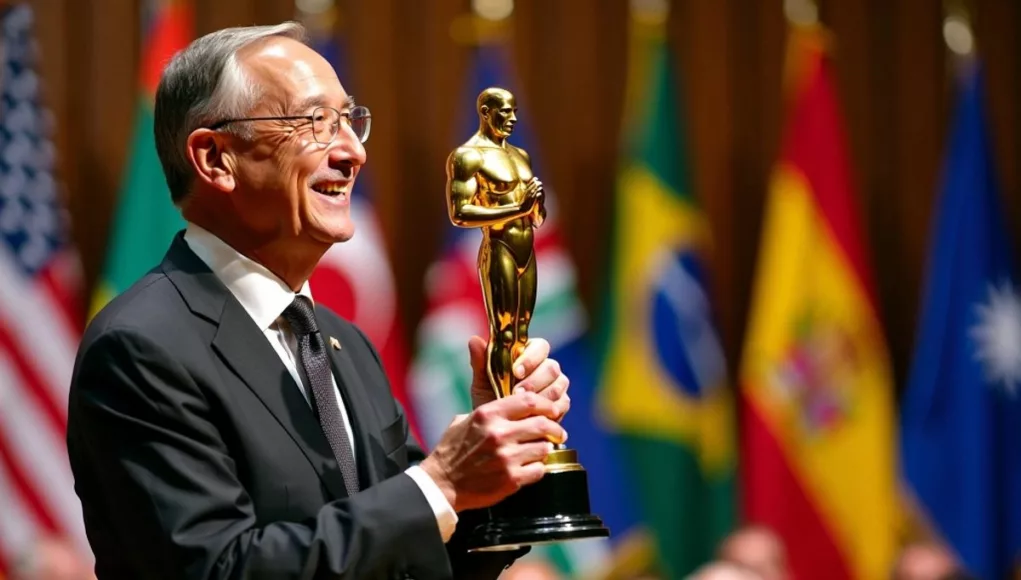 Man holding peace prize trophy on stage.