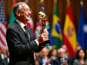 Man holding peace prize trophy on stage.