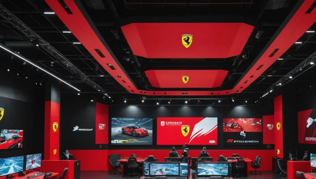 Ferrari-themed esports arena with gamers