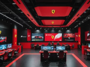 Ferrari-themed esports arena with gamers