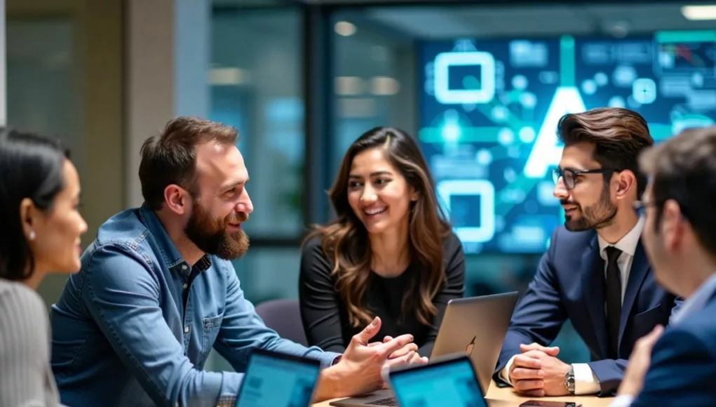 Leaders discussing AI in a modern conference room.