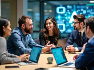 Leaders discussing AI in a modern conference room.