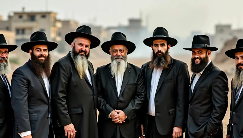 Ultra-Orthodox Jewish men with Gaza conflict backdrop