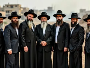 Ultra-Orthodox Jewish men with Gaza conflict backdrop