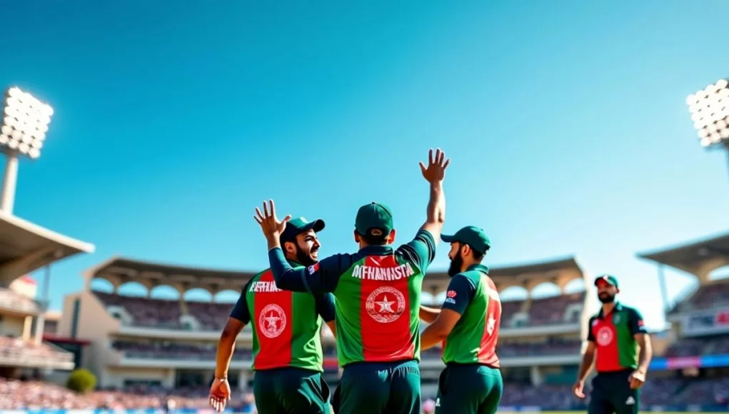 Afghan cricket players celebrating victory in a stadium.