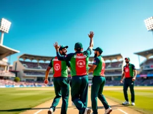 Afghan cricket players celebrating victory in a stadium.