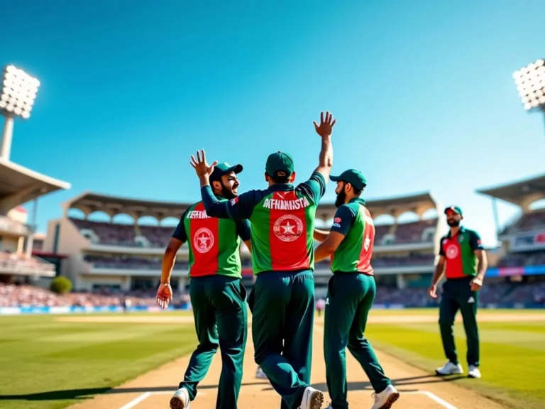 Afghan cricket players celebrating victory in a stadium.