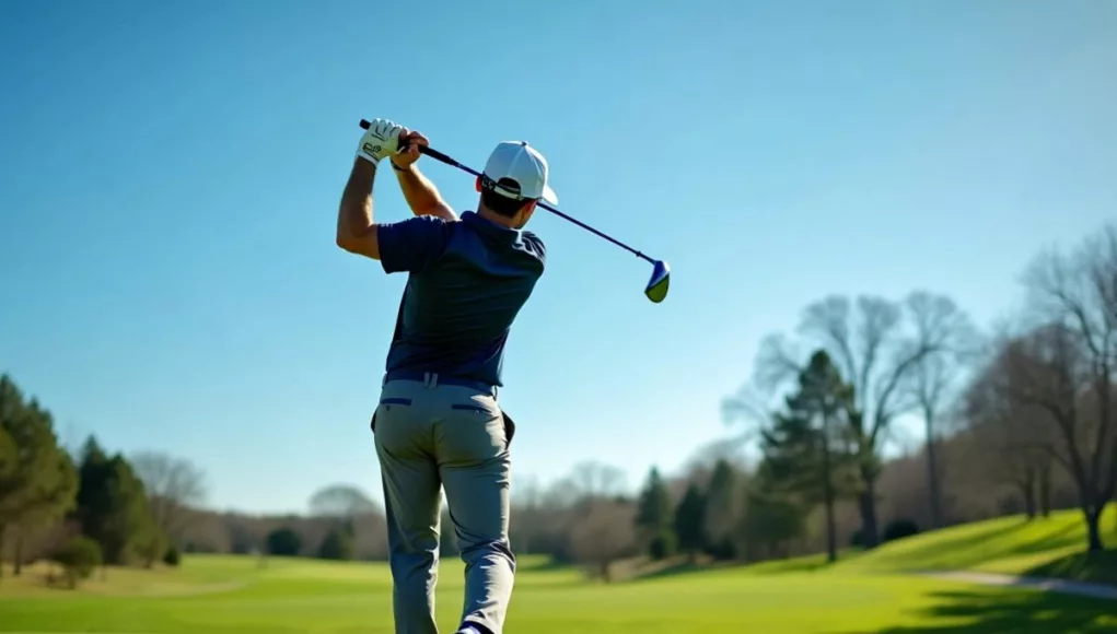 Golfer swinging on a green golf course under blue sky.