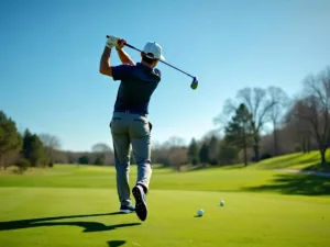 Golfer swinging on a green golf course under blue sky.