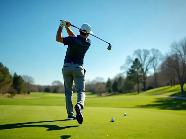 Golfer swinging on a green golf course under blue sky.