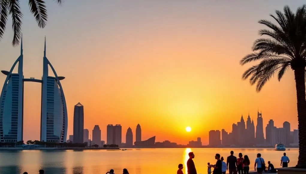 Sunset over UAE landmarks with palm trees and people.