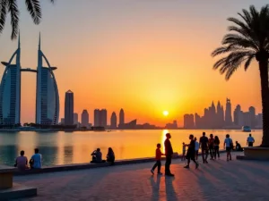 Sunset over UAE landmarks with palm trees and people.