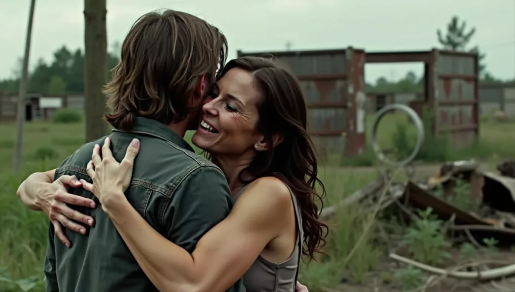 Daryl and Carol embrace in a post-apocalyptic setting.