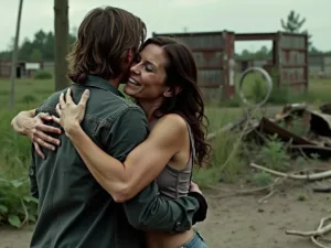 Daryl and Carol embrace in a post-apocalyptic setting.