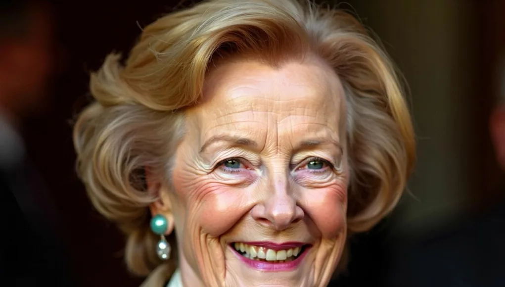 Maggie Smith smiling warmly in a classic outfit.