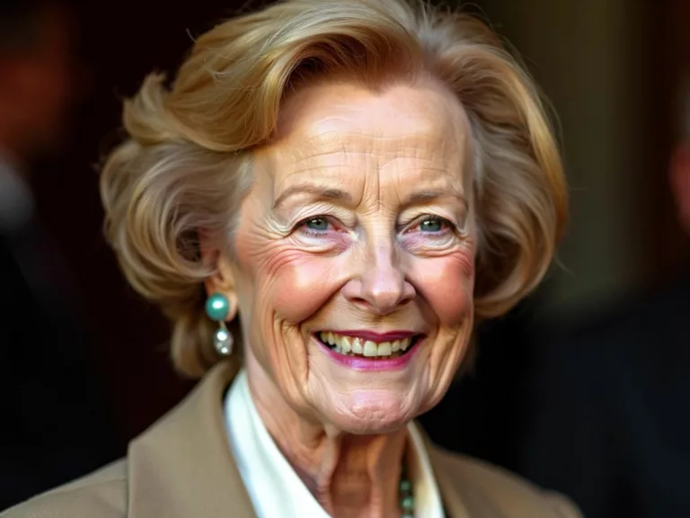 Maggie Smith smiling warmly in a classic outfit.