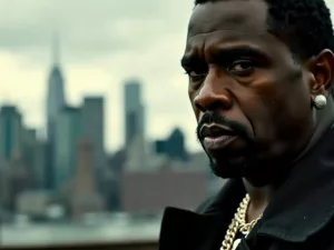 Sean 'Diddy' Combs looking troubled amid a city backdrop.