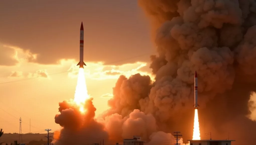 Rockets launching towards an Israeli town amid conflict.