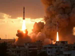 Rockets launching towards an Israeli town amid conflict.