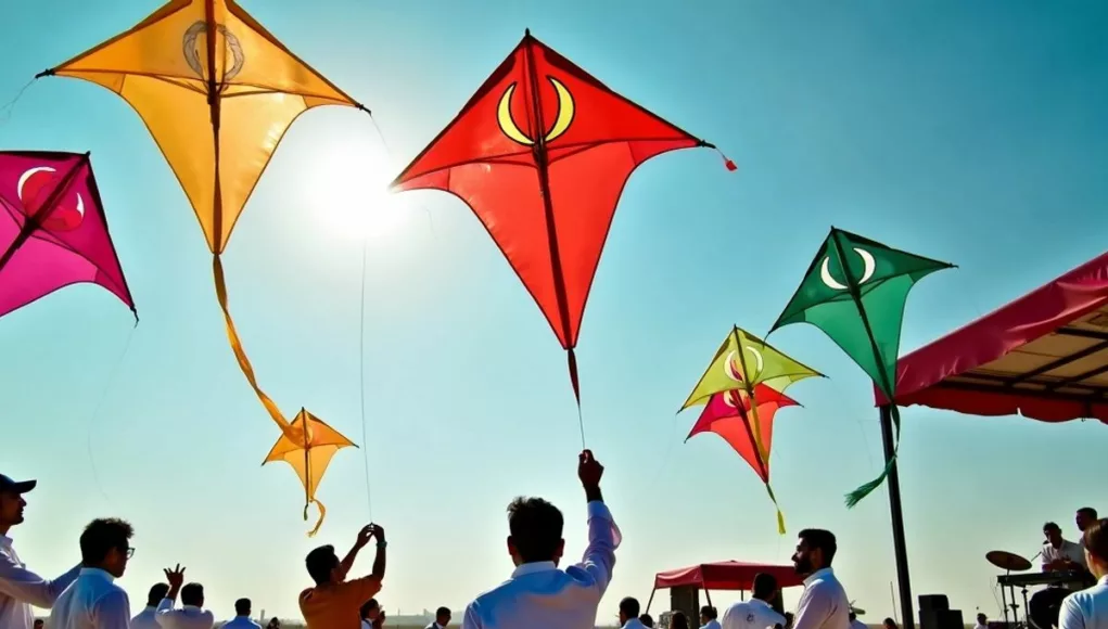 Pakistani expats flying kites with a band performing