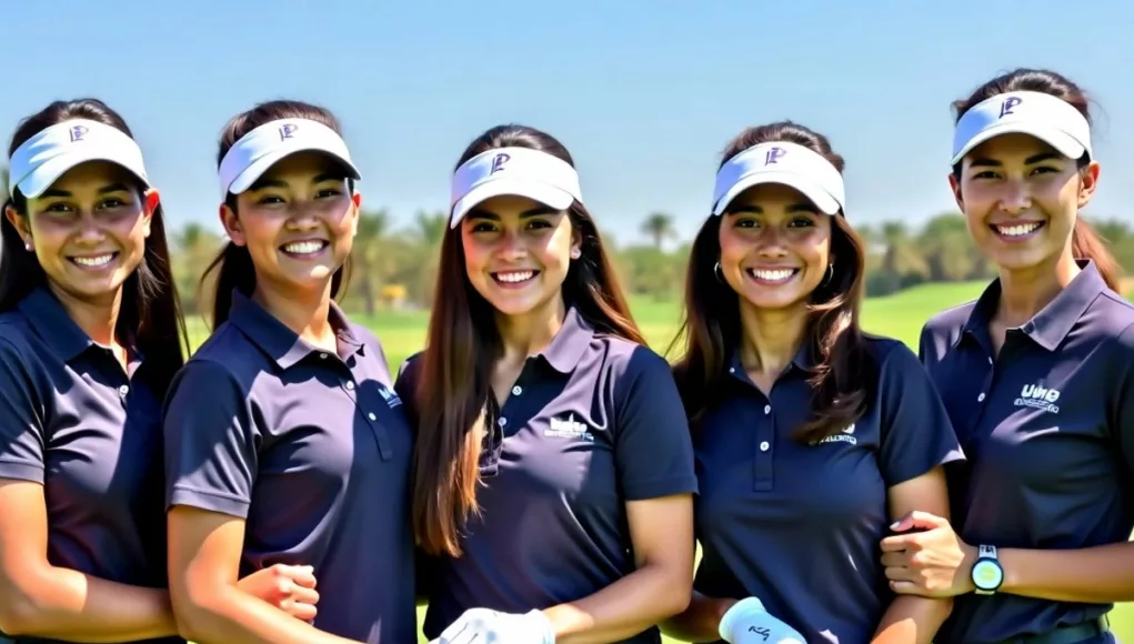 UAE girls golf team posing on a golf course.