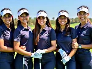 UAE girls golf team posing on a golf course.