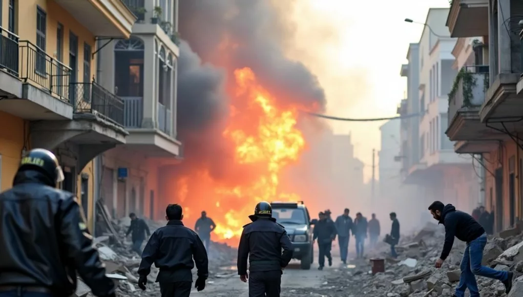 Emergency responders at the site of devastating explosions.