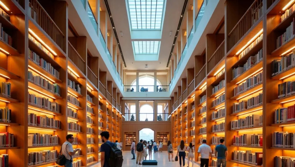 Interior of Qasr Al Watan Library with bookshelves.